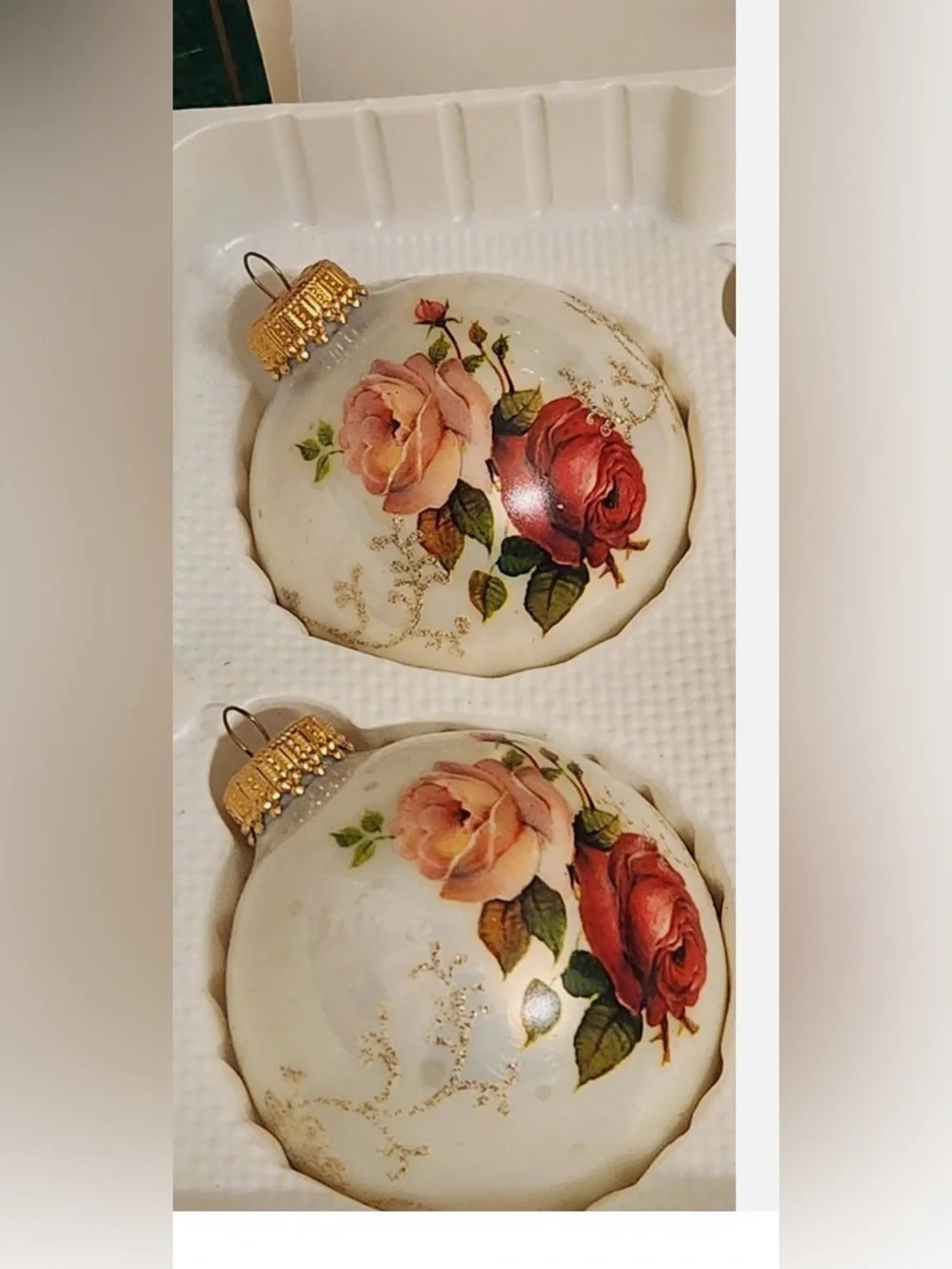 4 Vintage Christmas by Krebs Glass Ornaments Victorian Red & Pink Roses Memories